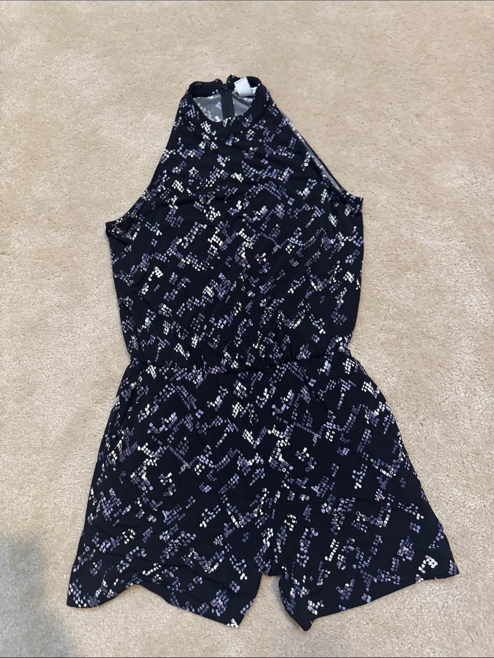 White House Black Market black, purple and White Printed Sleeveless Romper